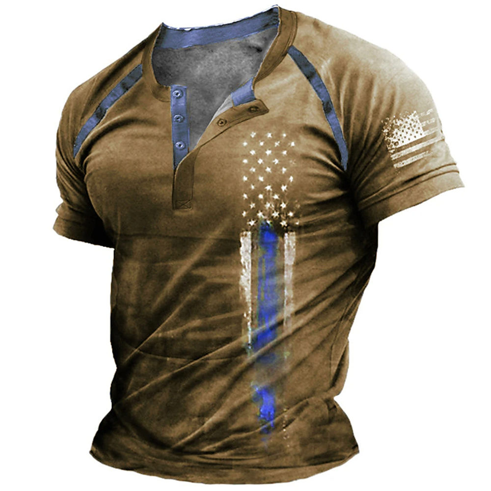 3D Printing Jersey - เสื้อเชิ้ตเฮนรี่พิมพ์ลายธงชาติอเมริกัน 3 มิติ สไตล์ตลกๆ สำหรับผู้ชาย แฟชั่นคอเฮนรี่